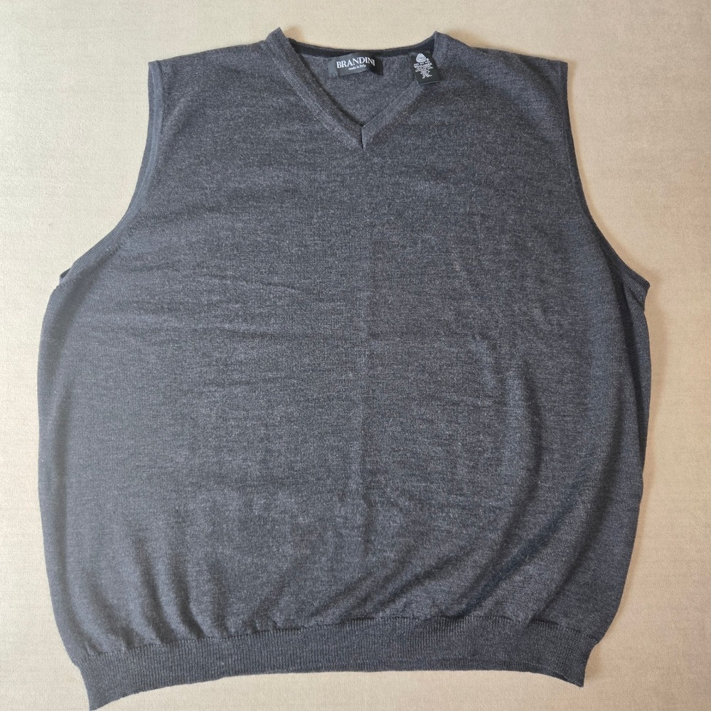 Brandini Men's XXL Gray V-Neck 100% Merino Wool Sleeveless Sweater Vest Italy‎